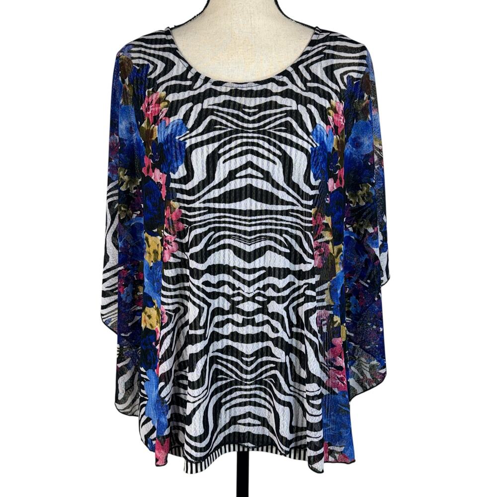 Calessa Medium Top Stretch Zebra Floral Poncho Mesh Overlay Pullover Lined Multi